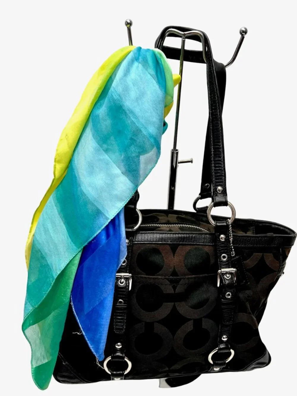 Vgt Coach Signatue Hobo Shoulder Bag Convas black brown leather trim + Scarf(4
